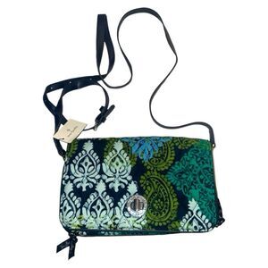 Vera Bradley Crossbody Wallet Quilted‎ Turn Lock Floral Green Blue
